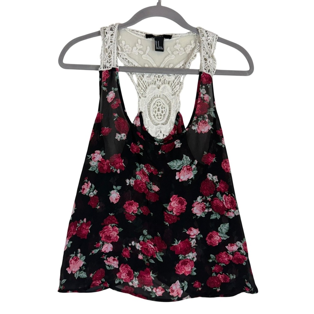 Forever 21 Tank Top Camisole Womens Medium Black Floral Lace Racerback Chiffon